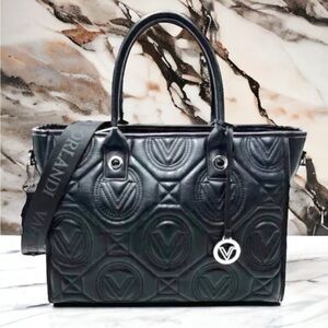Valentino Quilted XLarge Tote Black Gunmetal Hardware Val Bag Charm + Zip Pouch